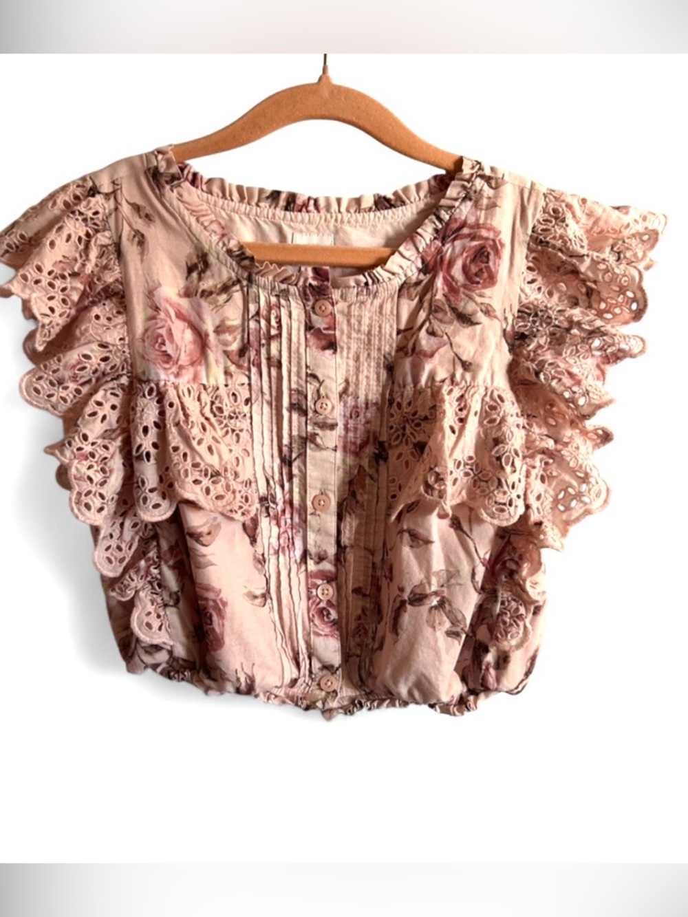🎀 RARE SOLD OUT Gap LoveShackFancy Pink Floral Ruffle Eyelet Top Size 8 M 🎀
